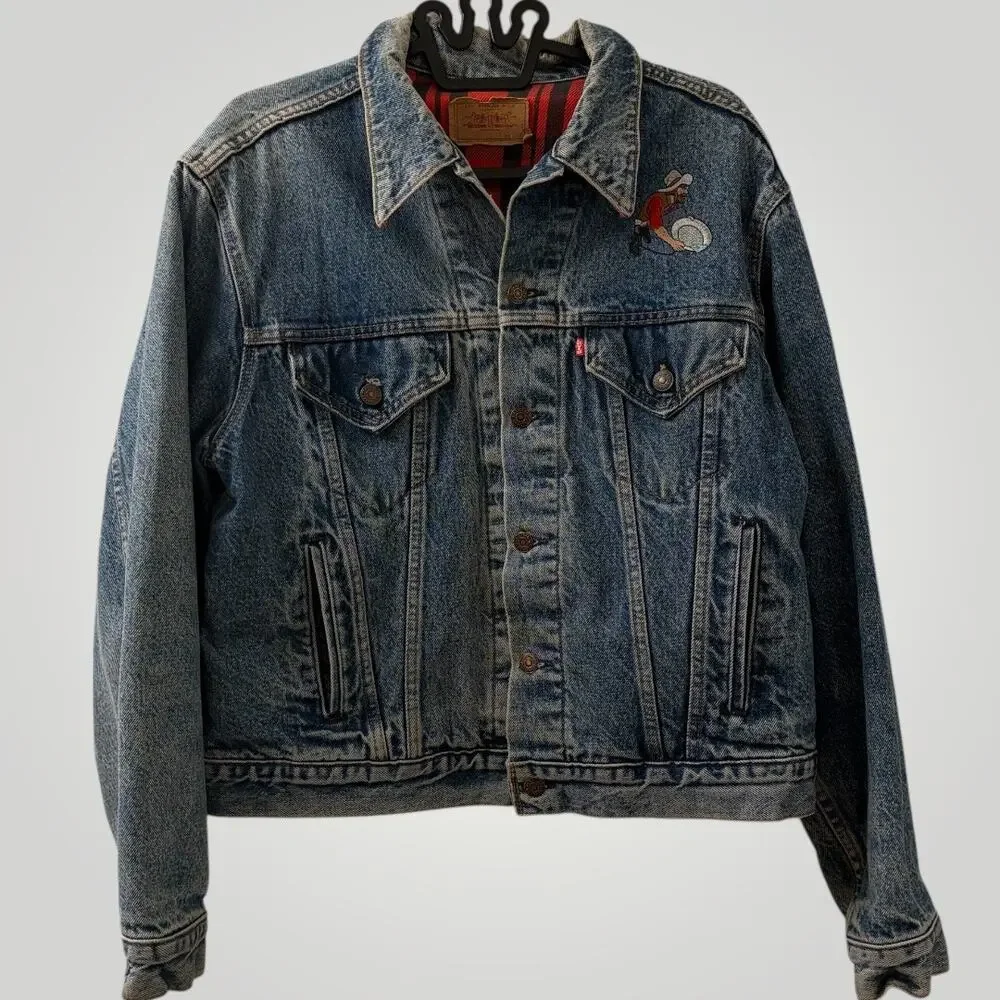 Vintage 90s Levi's Denim Jacket XL Made in USA Gold Miner Red Flannel Lined